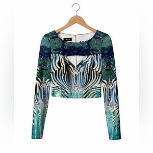 bebe Multicolor Patterned Crop Top Size Small Long Sleeve Cutout Y2K Club